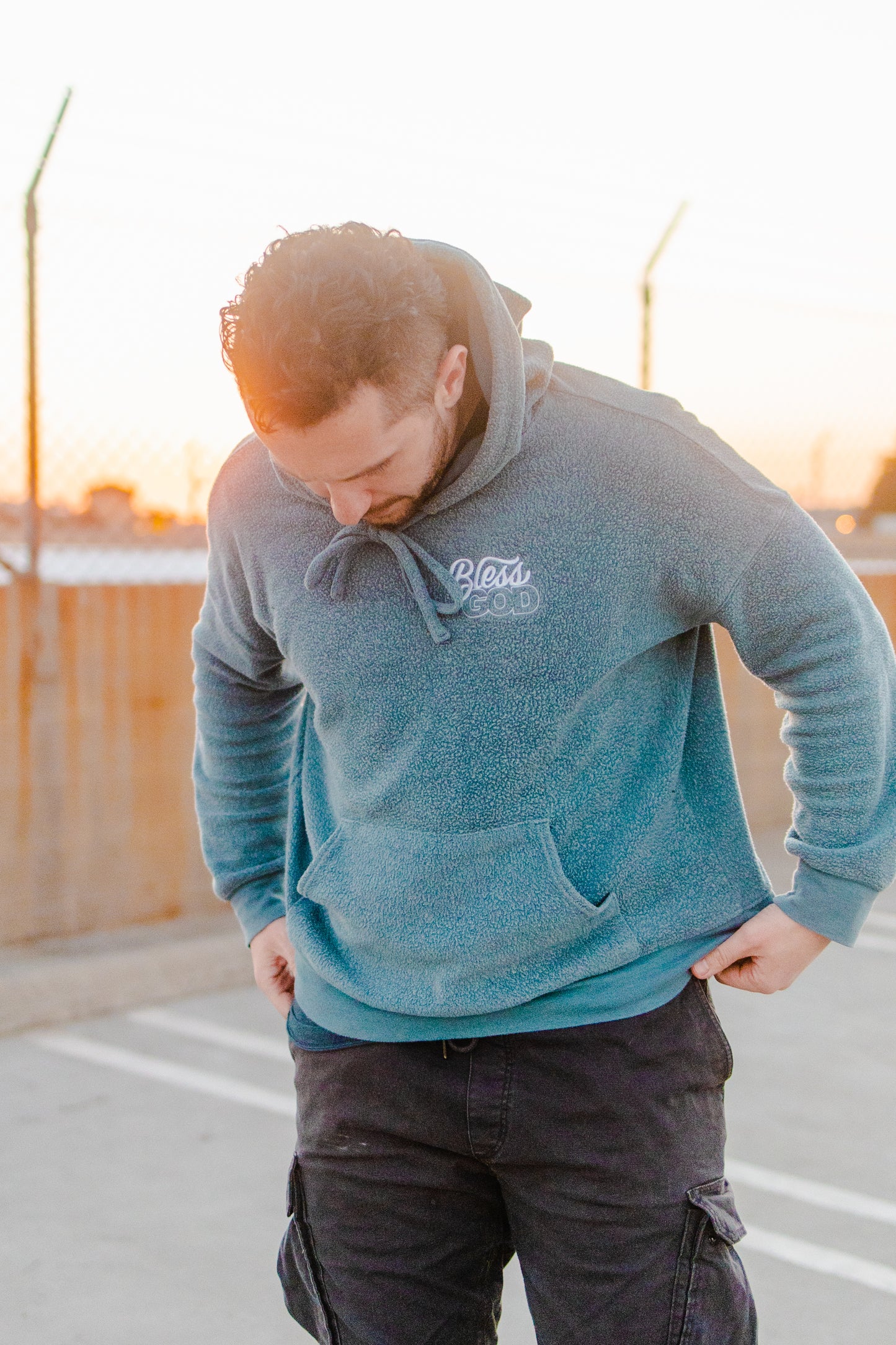 Heather Slate Bless God Embroidered Hoodie
