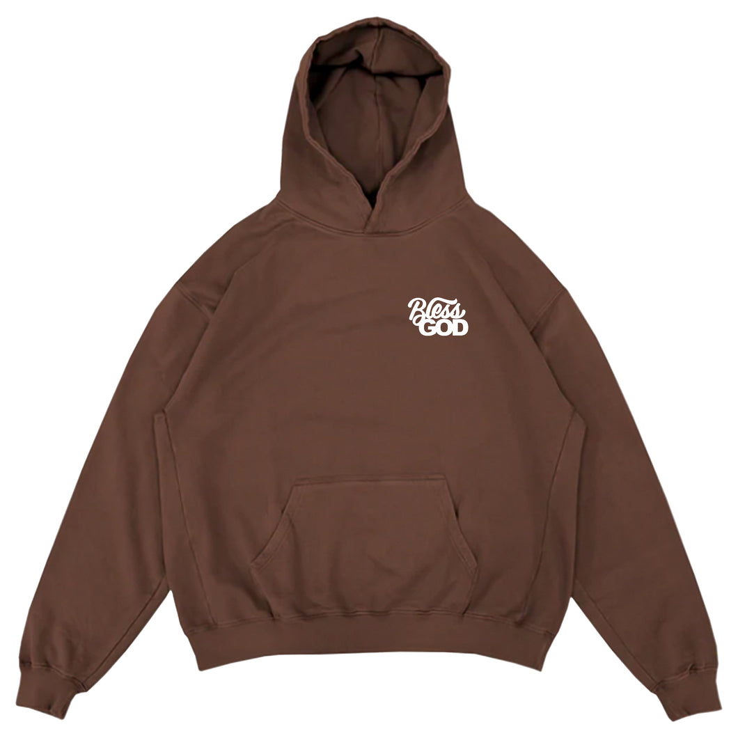 French Terry Bless God Embroidered HeavyWeight Hoodie Brown